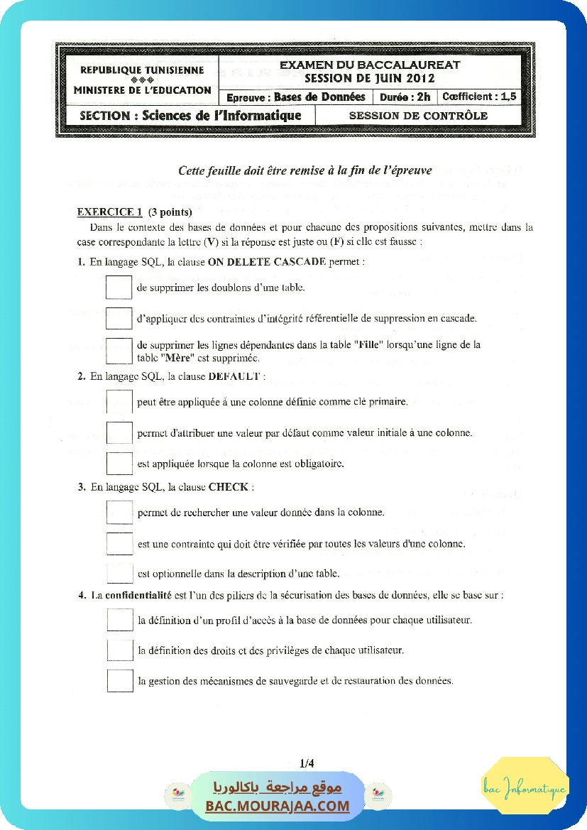 Sujet controle bd Bac 2012 – Section info